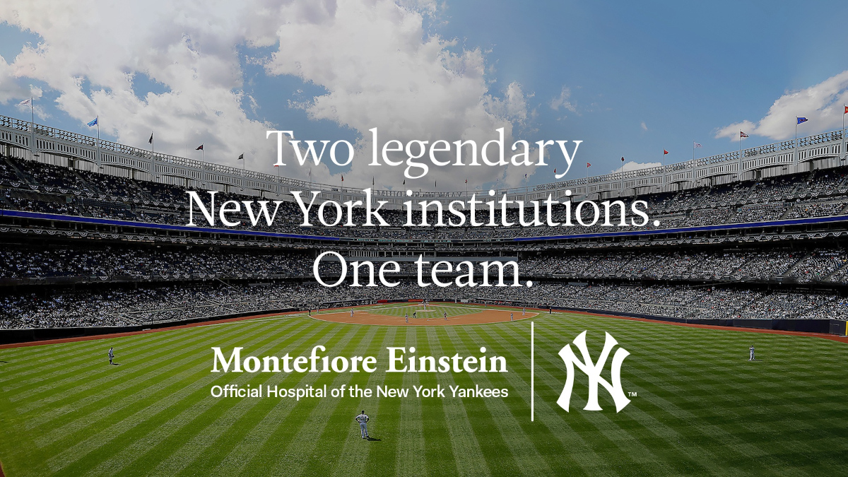 A view of home plate in Yankee Stadium from center field. On it, in text, "Two legendary New York institutions. One team."