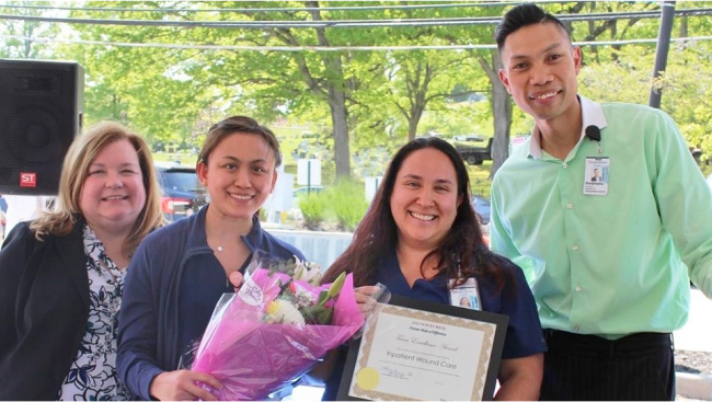 From left, Senior Director of Nursing Patricia Orlak, with Inpatient Wound Care team members Jisselle Villanueva and Alice Scimia, RN, and Director of Nursing Ferdinand Bautista, MSN, RN