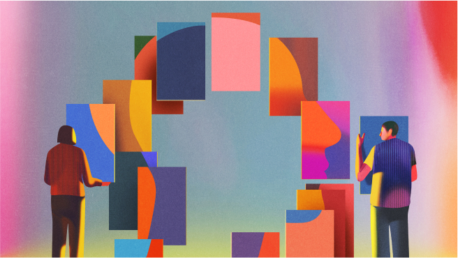 A semi-abstract graphic featuring two figures looking through hovering windowlike shapes. 