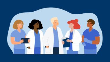 Nurses celebrate Nursing Week.  A cartoon graphic of five nurses, done in blue tones.