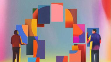 A semi-abstract graphic featuring two figures looking through hovering windowlike shapes. 